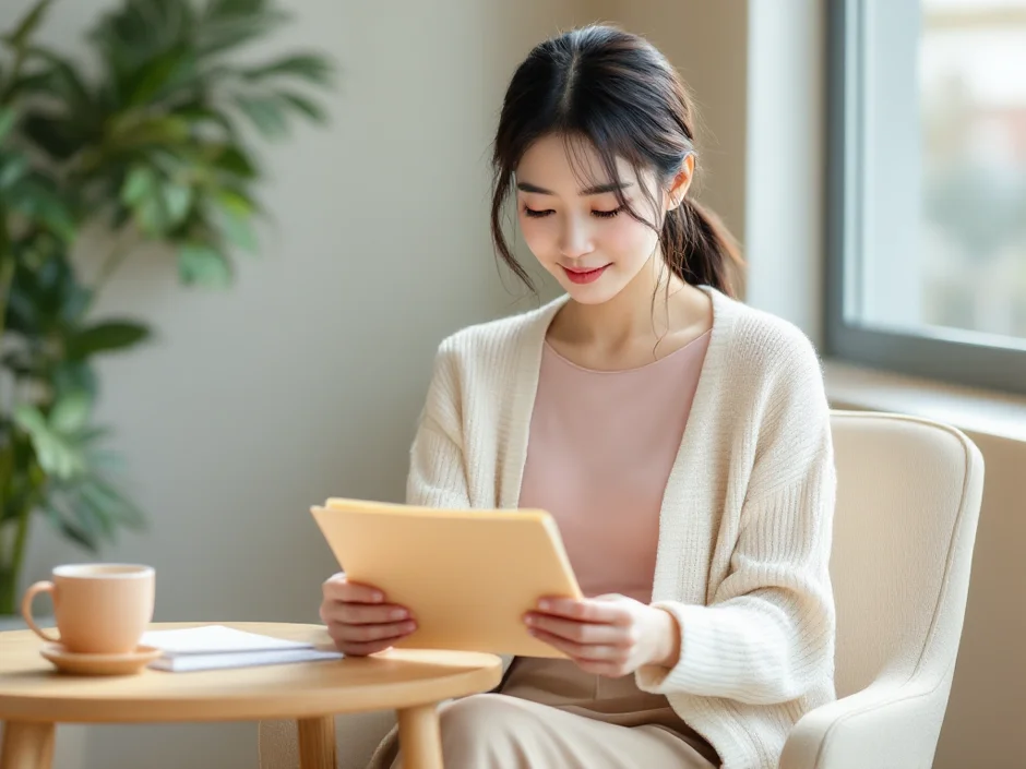 30代女性が穏やかな相談室の窓辺の椅子に座り、夫の精索静脈瘤の検査結果について真剣な表情で考えているシーン｜精索静脈瘤と男性不妊・パートナー視点の妻