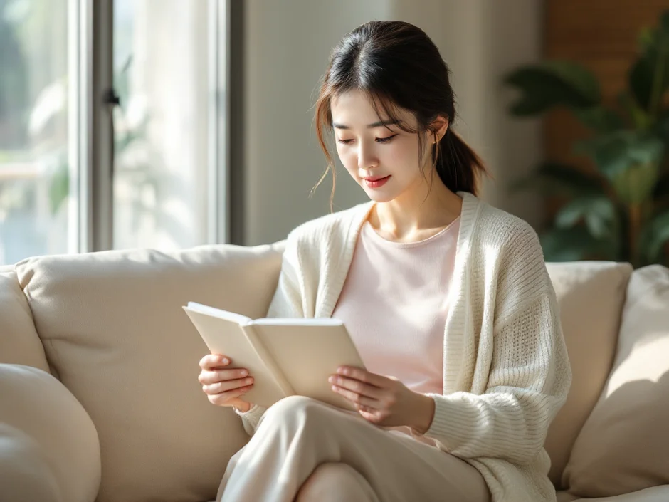30代女性が自宅のリビングのソファに座り、夫の精液検査結果のパンフレットを穏やかに読んでいるシーン｜精索静脈瘤の知識を妻が学ぶ瞬間
