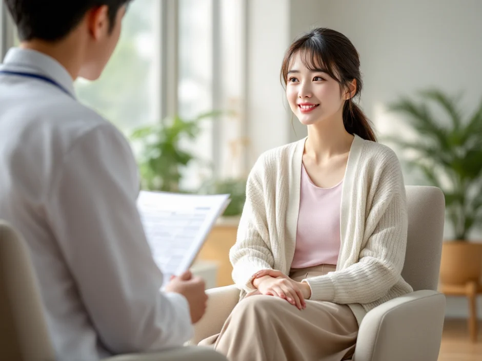 30代女性がクリニックの相談室で医師から穏やかに説明を受けているシーン｜精索静脈瘤の治療方針を妻が確認する希望のある対話