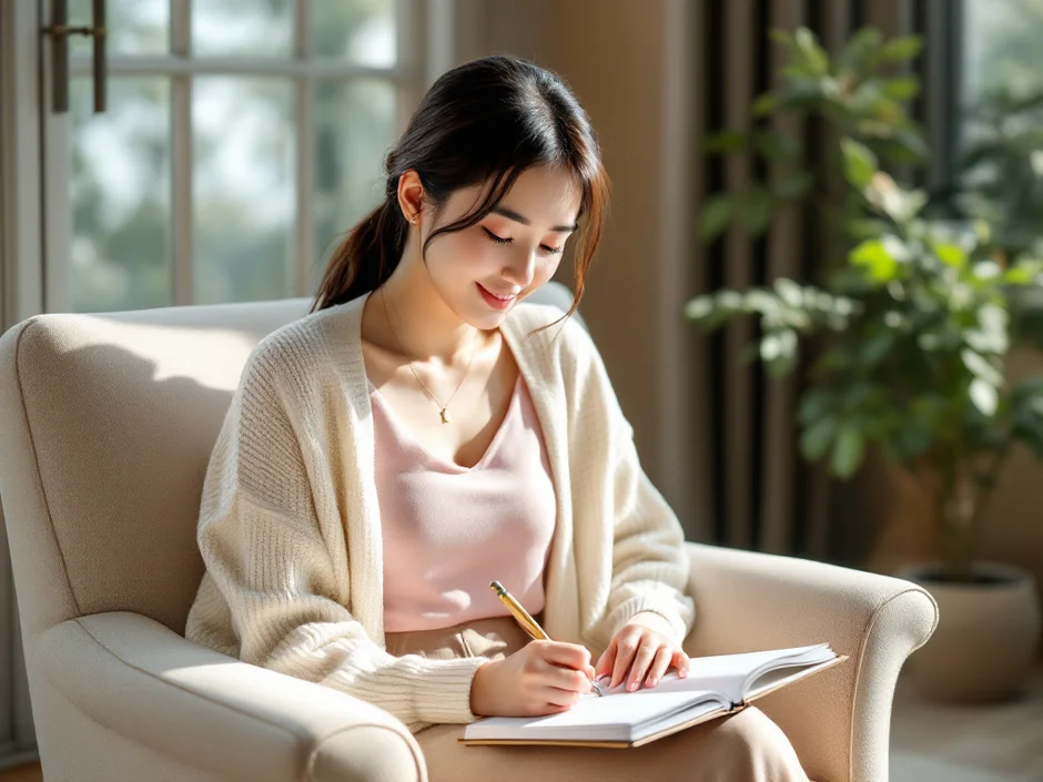 30代女性がリビングの窓辺の椅子に座り、開いた手帳に妊活計画を書き込んでいるシーン｜精索静脈瘤を見つけた後の妊活フロー再構築を妻が整理する