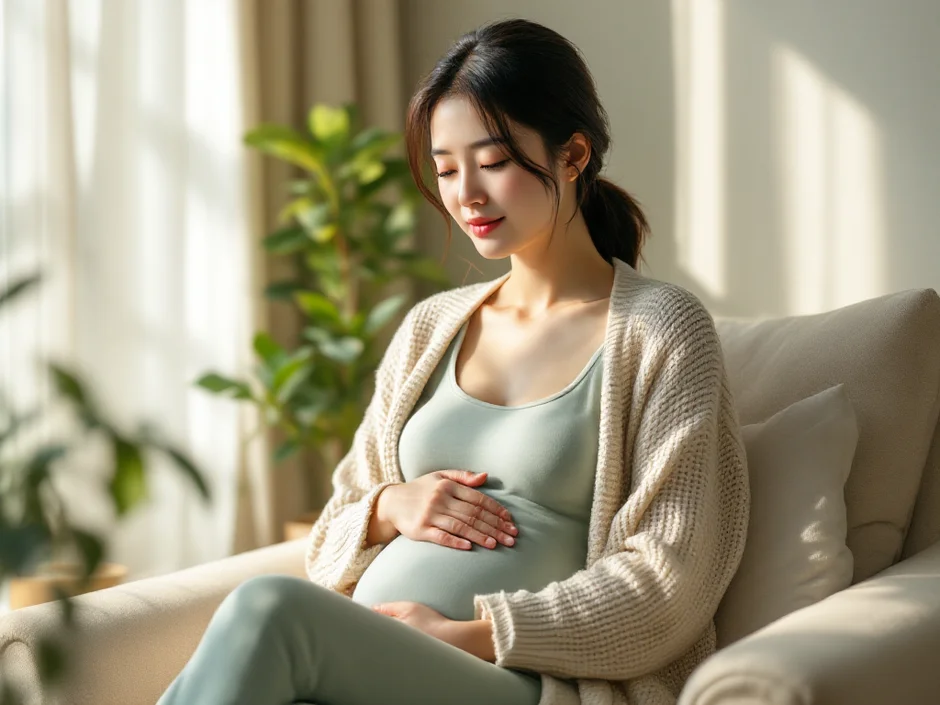 妊娠初期の女性がおなかに手を当て、おだやかな表情で座っているシーン｜妊娠初期の腹痛の不安に落ち着いて向き合うイメージ