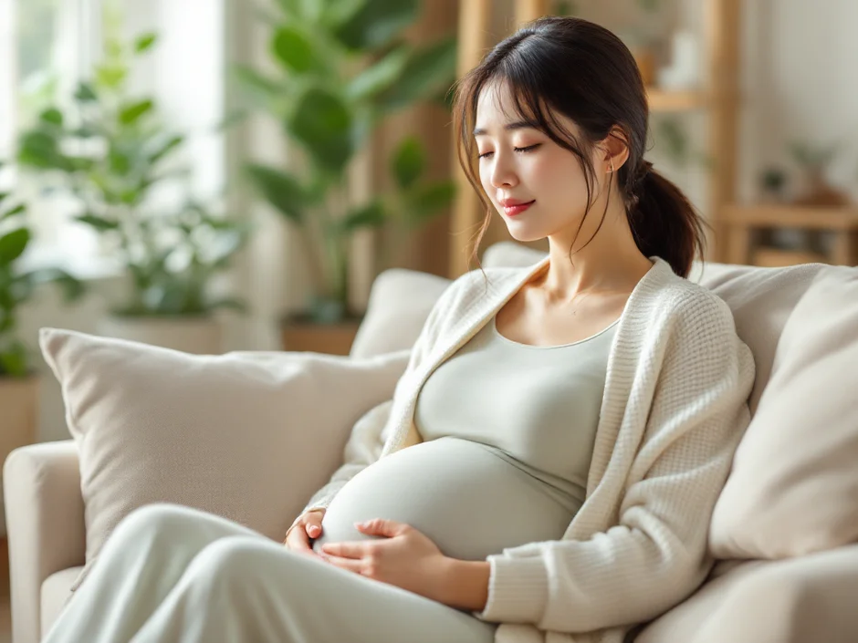 妊娠初期の女性がおなかに手を当て落ち着いて体の変化に向き合っているイメージ｜妊娠初期の腹痛