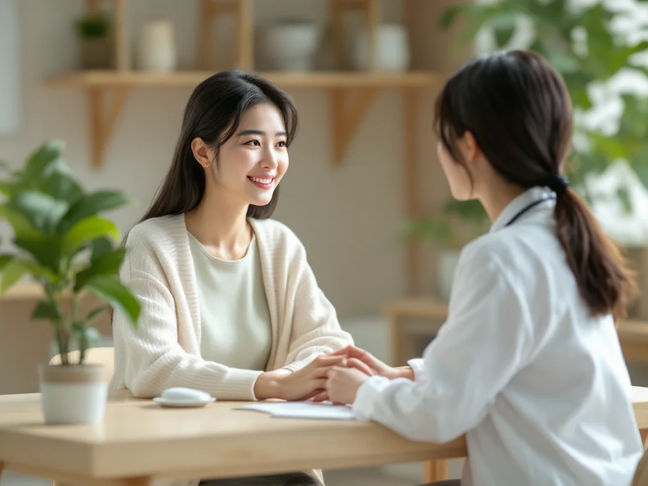 妊娠初期の女性が産婦人科で医師に腹痛について相談している安心感のあるイメージ｜受診の目安