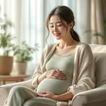 妊娠初期の女性がおなかに手を当て、おだやかな表情で座っているシーン｜妊娠初期の出血の不安に落ち着いて向き合うイメージ