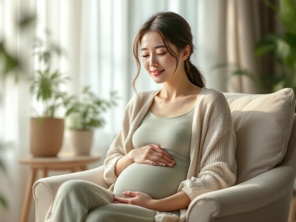 妊娠初期の女性がおなかに手を当て、おだやかな表情で座っているシーン｜妊娠初期の出血の不安に落ち着いて向き合うイメージ