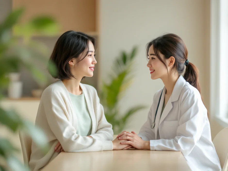 妊娠初期の女性が産婦人科で医師に出血について相談している安心感のあるイメージ｜受診の目安