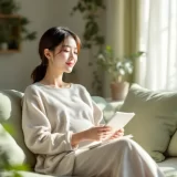 自宅のリビングで穏やかにくつろぐ30代女性｜妊娠初期の過ごし方ガイドのイメージ