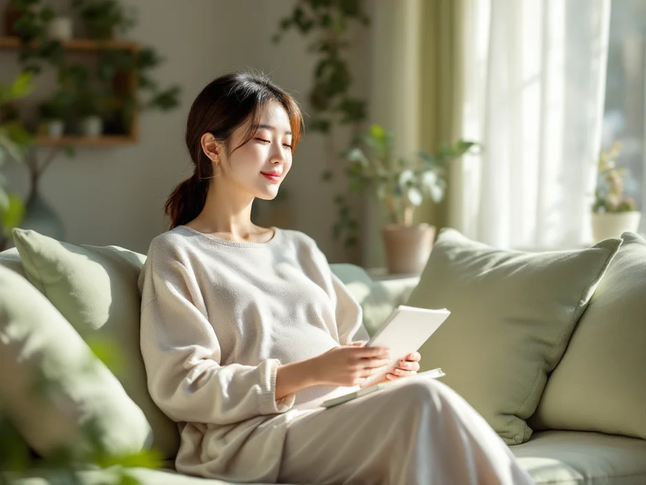自宅のリビングで穏やかにくつろぐ30代女性｜妊娠初期の過ごし方ガイドのイメージ