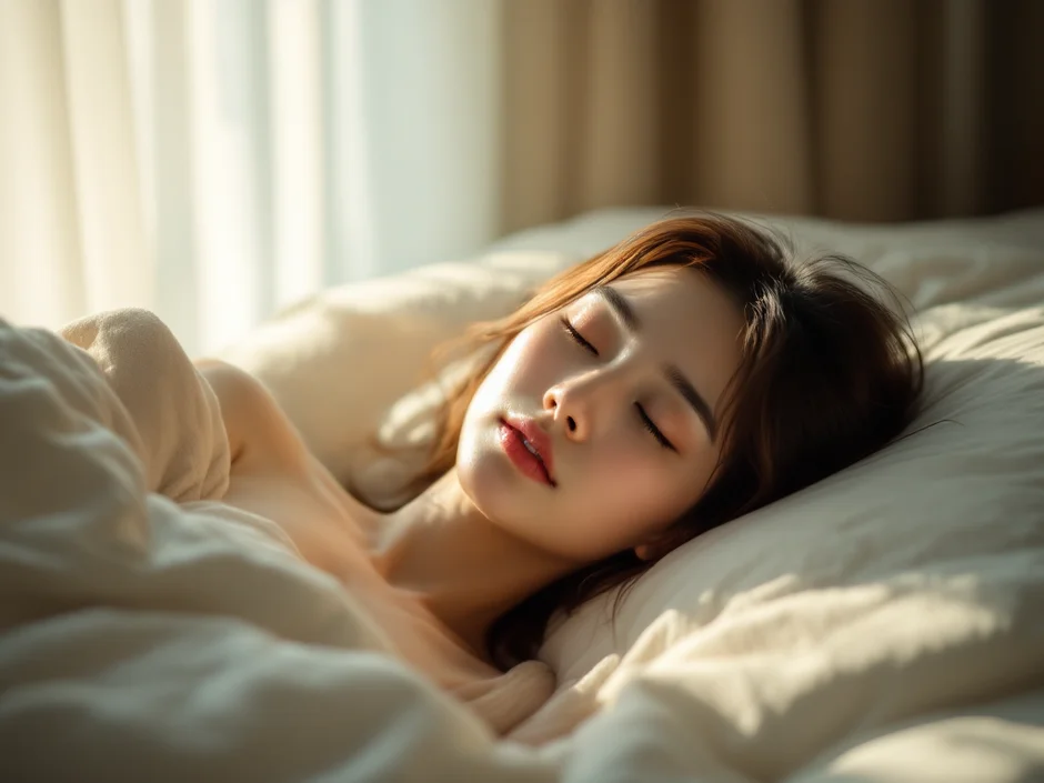 朝の自宅で穏やかに目を覚ます女性のシーン｜妊娠初期の睡眠・過ごし方のイメージ