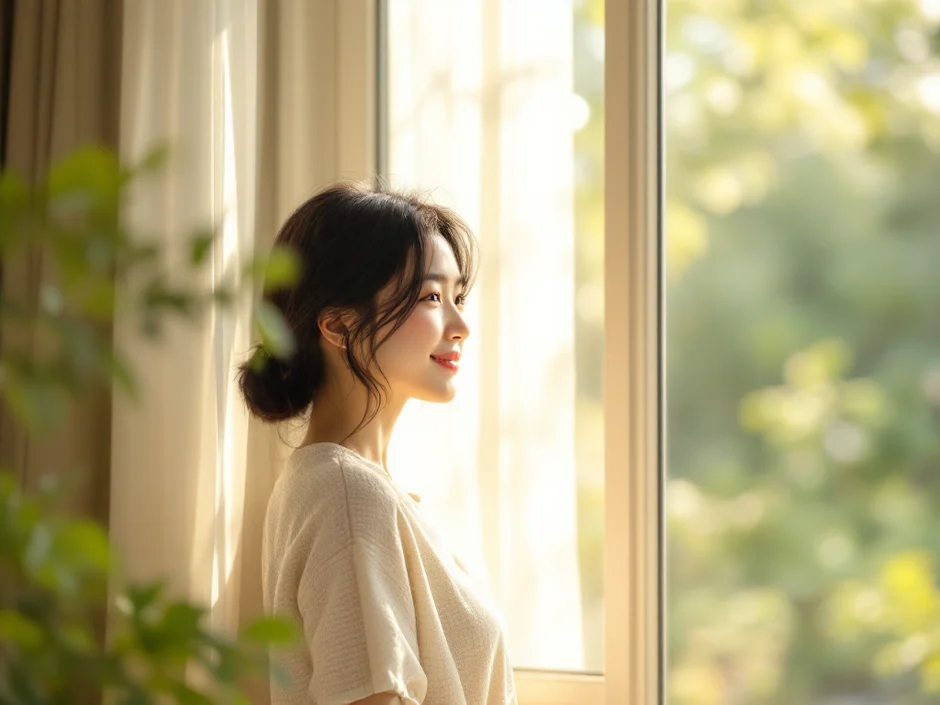 窓際で緑を眺めながら穏やかに微笑む女性のシーン｜妊娠初期のメンタルケア・心拍確認までのイメージ