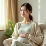 妊娠初期の女性がおなかに手を当て、おだやかな表情で座っているシーン｜妊娠初期症状に落ち着いて向き合うイメージ