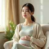 妊娠初期の女性がおなかに手を当て、おだやかな表情で座っているシーン｜妊娠初期症状に落ち着いて向き合うイメージ
