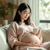 妊娠後期にお腹を支えながらソファで穏やかに休む女性。後期つわりの症状と対策・受診目安を解説する記事のイメージ