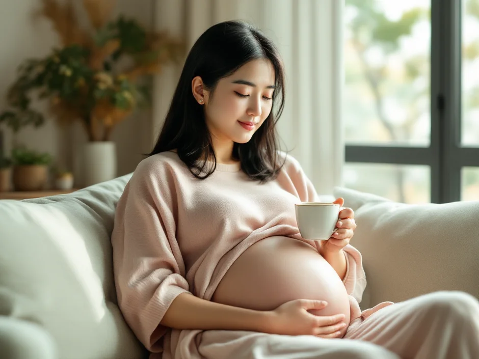 妊娠後期にお腹を支えながらソファで穏やかに休む女性。後期つわりの症状と対策・受診目安を解説する記事のイメージ