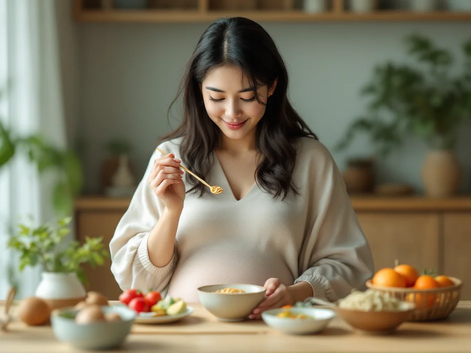 少量ずつ盛られた消化のよい食事を穏やかに食べる妊娠後期の女性。後期つわりの少量頻回食の対策イメージ