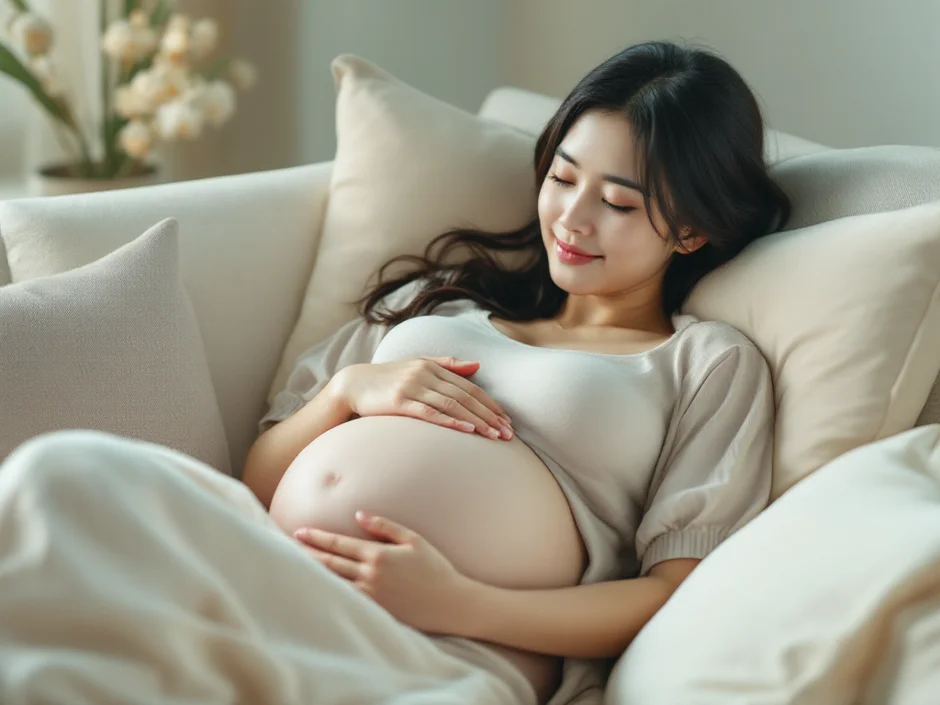 クッションを背に上体を起こして楽な姿勢で休む妊娠後期の女性。食後すぐ横にならない後期つわり対策のイメージ