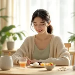 つわり中の妊娠初期の女性が食べやすいゼリーや果物・おにぎりを前にほっとした表情を浮かべているイメージ｜つわり中の食べ物