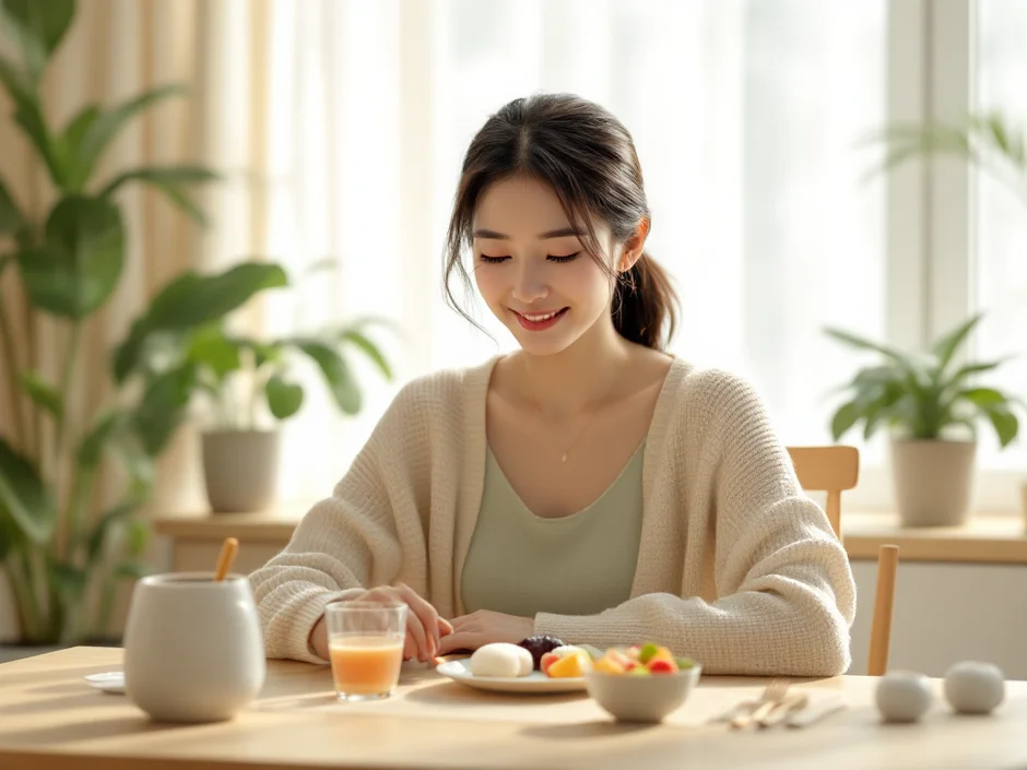 つわり中の妊娠初期の女性が食べやすいゼリーや果物・おにぎりを前にほっとした表情を浮かべているイメージ｜つわり中の食べ物