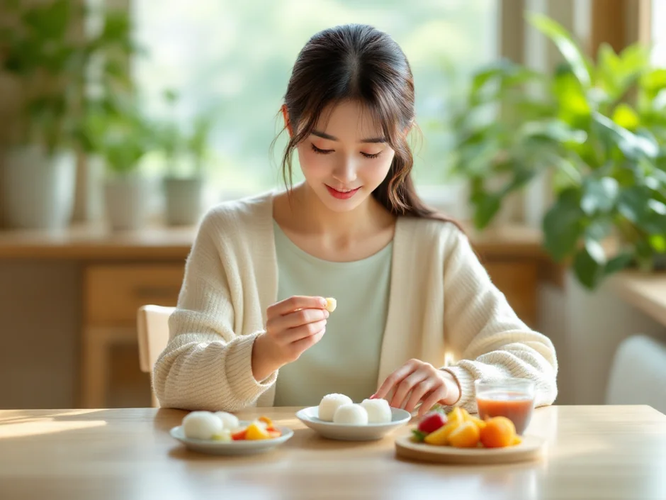 つわり中に少量ずつ小分けにした食べやすいものを前に穏やかな表情の女性|少量頻回のイメージ