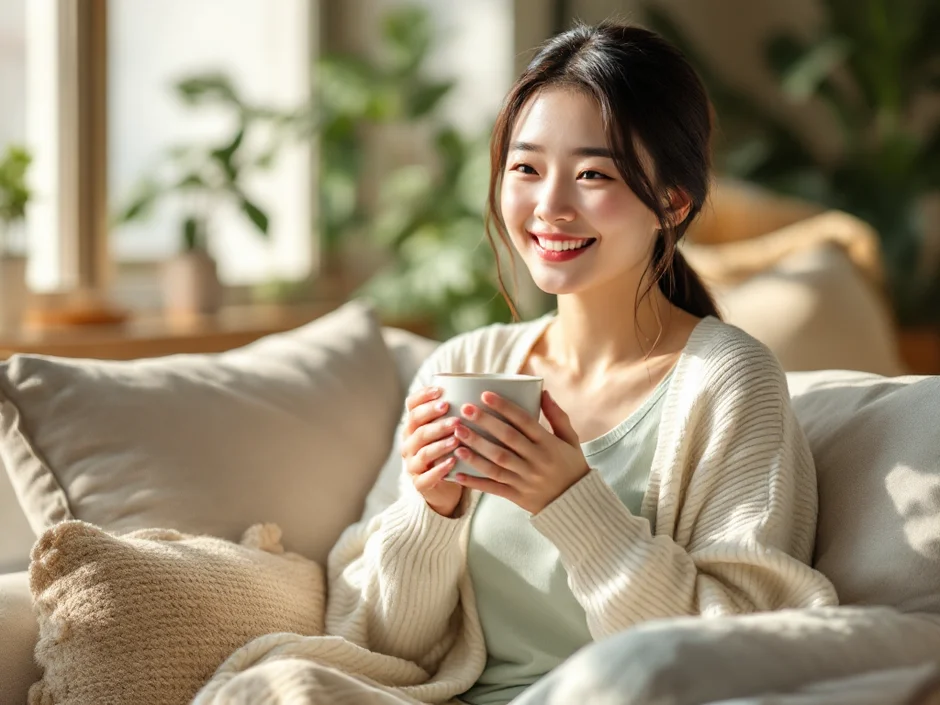 あたたかい飲み物を手に穏やかにほほえむ女性|つわり中の読者に寄り添うイメージ