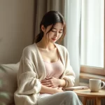 妊娠初期の女性が穏やかにおなかに手を当てるシーン｜つわりはいつからいつまで続くのか不安と期待を抱えるイメージ