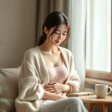 妊娠初期の女性が穏やかにおなかに手を当てるシーン｜つわりはいつからいつまで続くのか不安と期待を抱えるイメージ