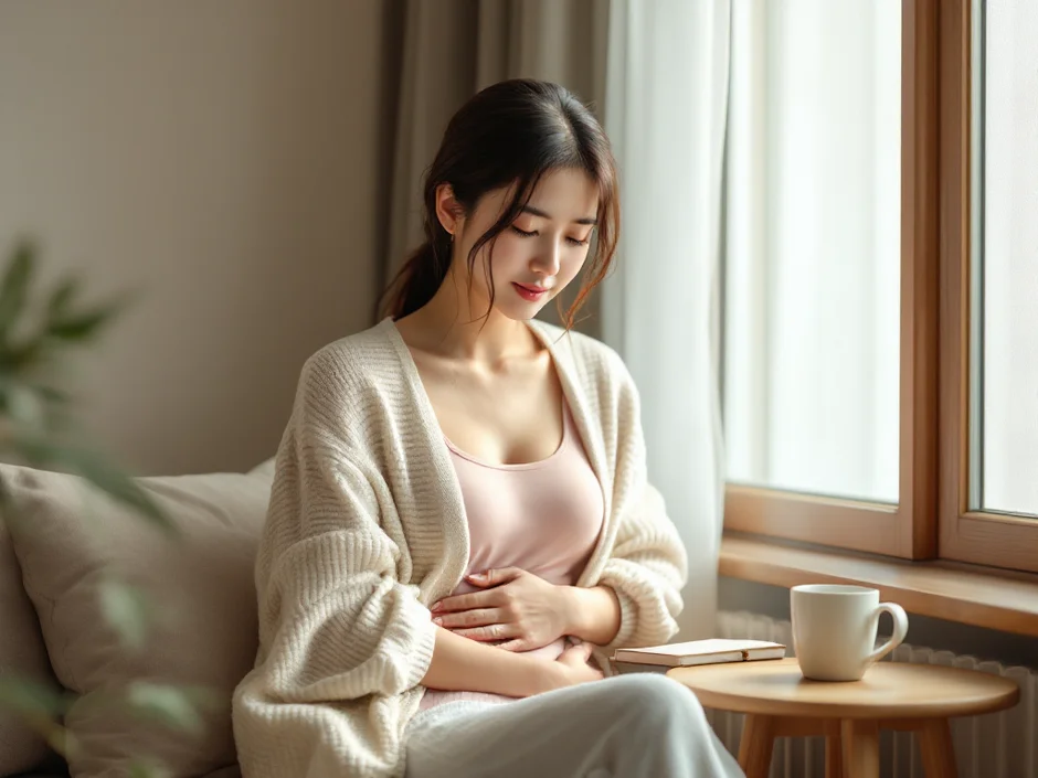 妊娠初期の女性が穏やかにおなかに手を当てるシーン｜つわりはいつからいつまで続くのか不安と期待を抱えるイメージ