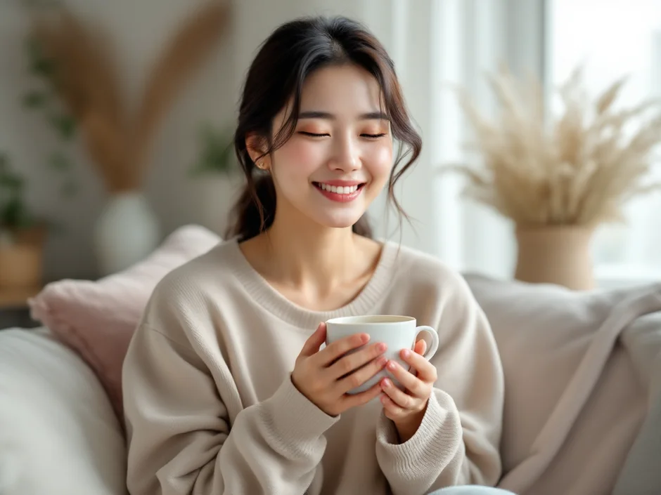 温かい飲み物を手に穏やかにほほえむ女性｜つわり中の鉄分補給に寄り添うイメージ