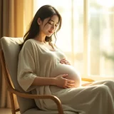 妊娠中に腰に手を当てて穏やかに座る女性。妊娠中の腰痛の原因・セルフケア・受診目安を解説する記事のイメージ
