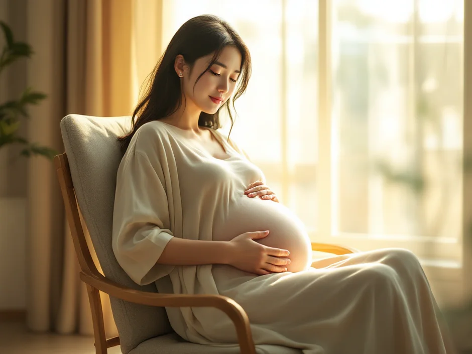 妊娠中に腰に手を当てて穏やかに座る女性。妊娠中の腰痛の原因・セルフケア・受診目安を解説する記事のイメージ