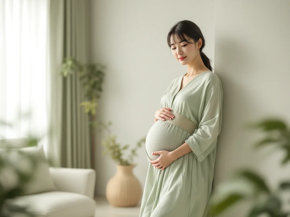 妊娠中の女性が骨盤ベルトをつけながら穏やかにストレッチしているシーン。妊娠中の腰痛セルフケアのイメージ