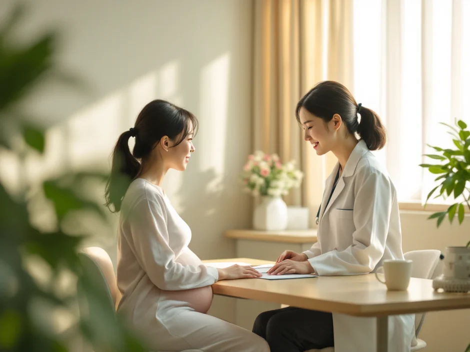 産婦人科の診察室で医師が妊婦に腰痛について優しく説明しているシーン。妊娠中の腰痛・受診相談のイメージ