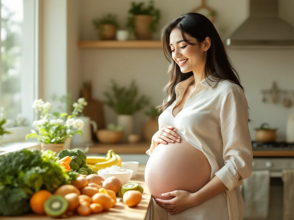 キッチンで食物繊維豊富な野菜・果物・ヨーグルトを手に取る妊娠中の女性。妊娠中の便秘対策に役立つ食事イメージ