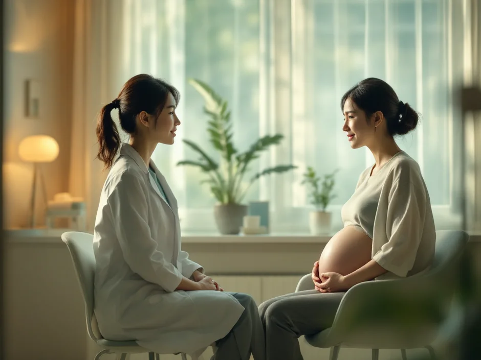 産婦人科の診察室で医師が妊婦に丁寧に説明しているシーン。妊娠中の便秘薬相談のイメージ