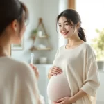 妊娠中の女性が洗面台で歯のセルフケアをしているシーン｜妊婦の歯科ケアイメージ