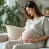 妊娠中の女性がお腹を押さえているシーン｜妊娠中の下痢イメージ