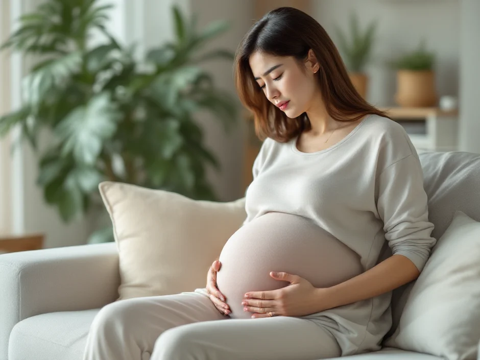 妊娠中の女性がお腹を押さえているシーン｜妊娠中の下痢イメージ