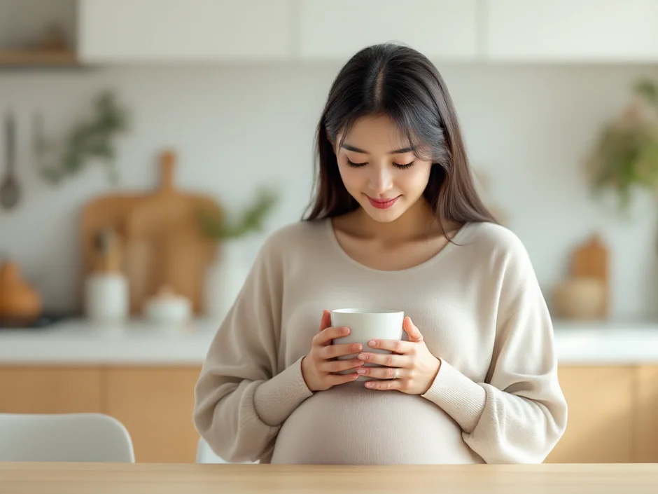 妊娠中の下痢対策として温かい飲み物を用意している妊婦のシーン｜妊娠中の下痢対処法イメージ