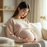 妊娠中の女性がリビングで静かに考えているシーン｜妊娠初期おりもの変化イメージ