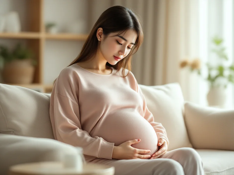 妊娠中の女性がリビングで静かに考えているシーン｜妊娠初期おりもの変化イメージ