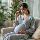 妊娠中のめまいでこめかみに手を当てソファでひと息つく妊婦さんのイメージ