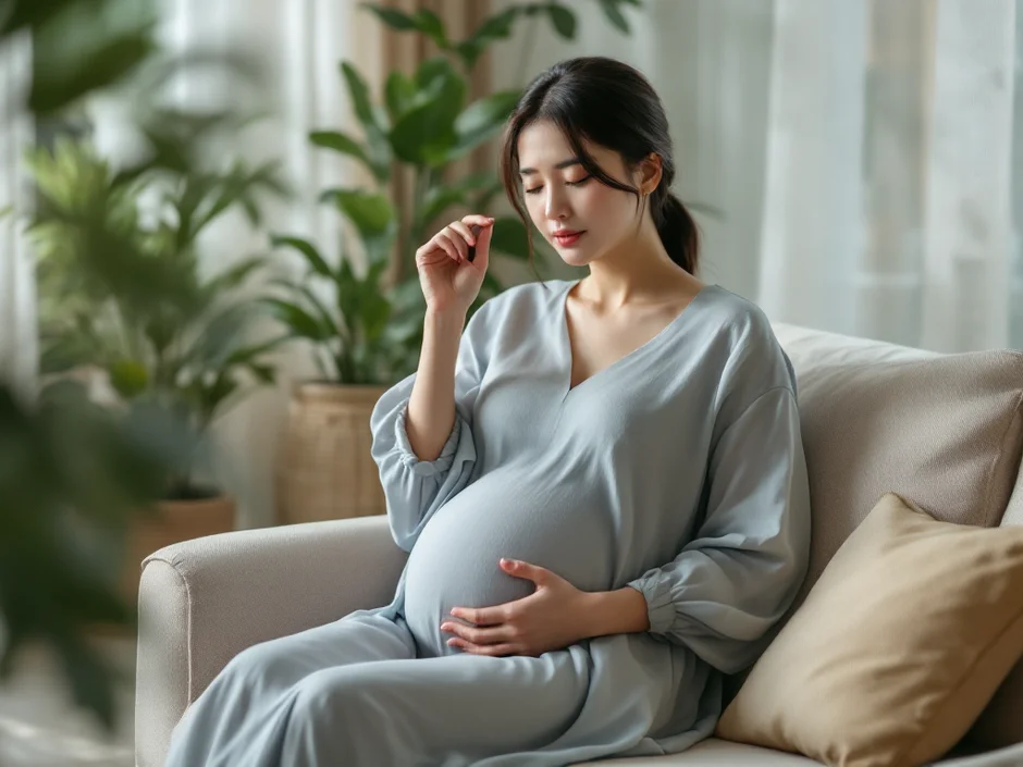 妊娠中のめまいでこめかみに手を当てソファでひと息つく妊婦さんのイメージ