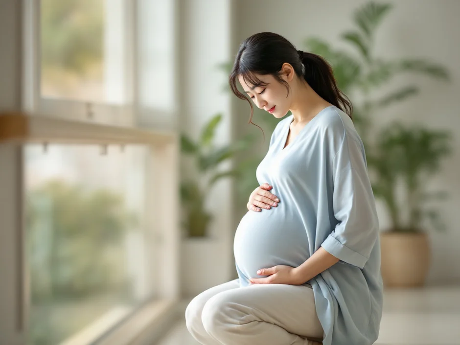 めまいを感じてその場でしゃがみ込み手すりにつかまって転倒を防ぐ妊婦さん