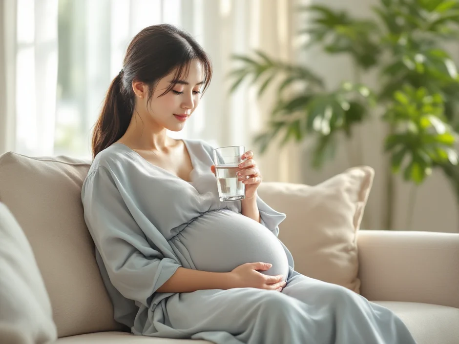 めまい対策に水分補給をしながらソファでひと休みする妊婦さん
