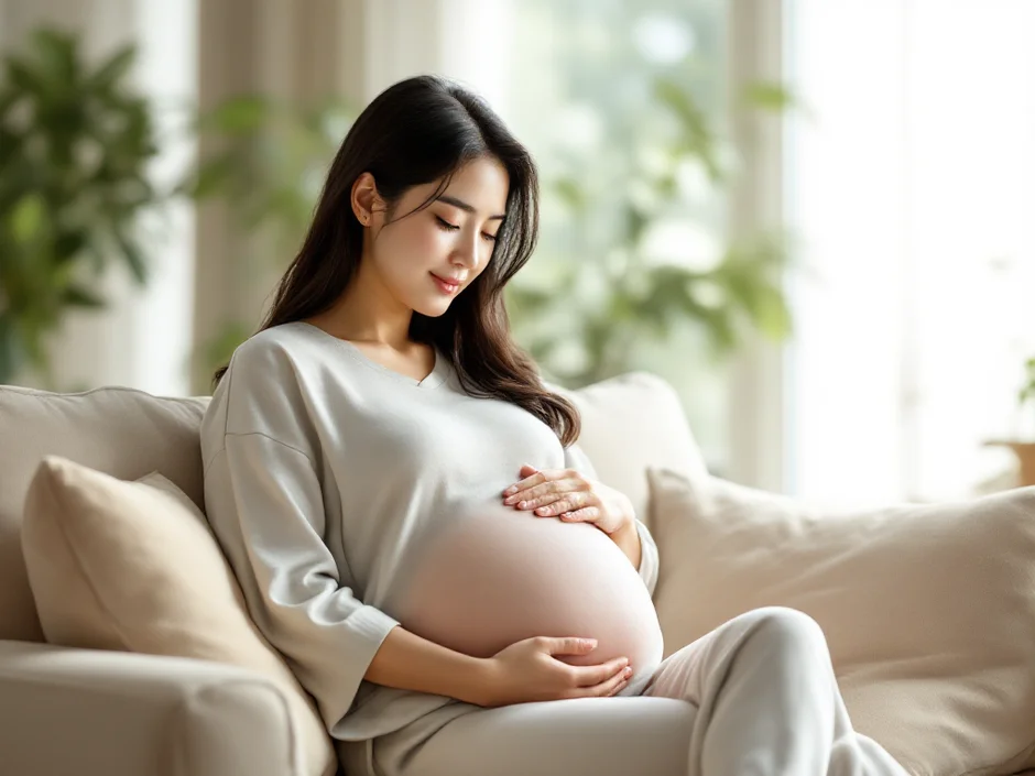 妊娠後期にソファで足を上げて足首をさする妊婦。妊婦のむくみの原因・解消法・受診目安を解説する記事のイメージ