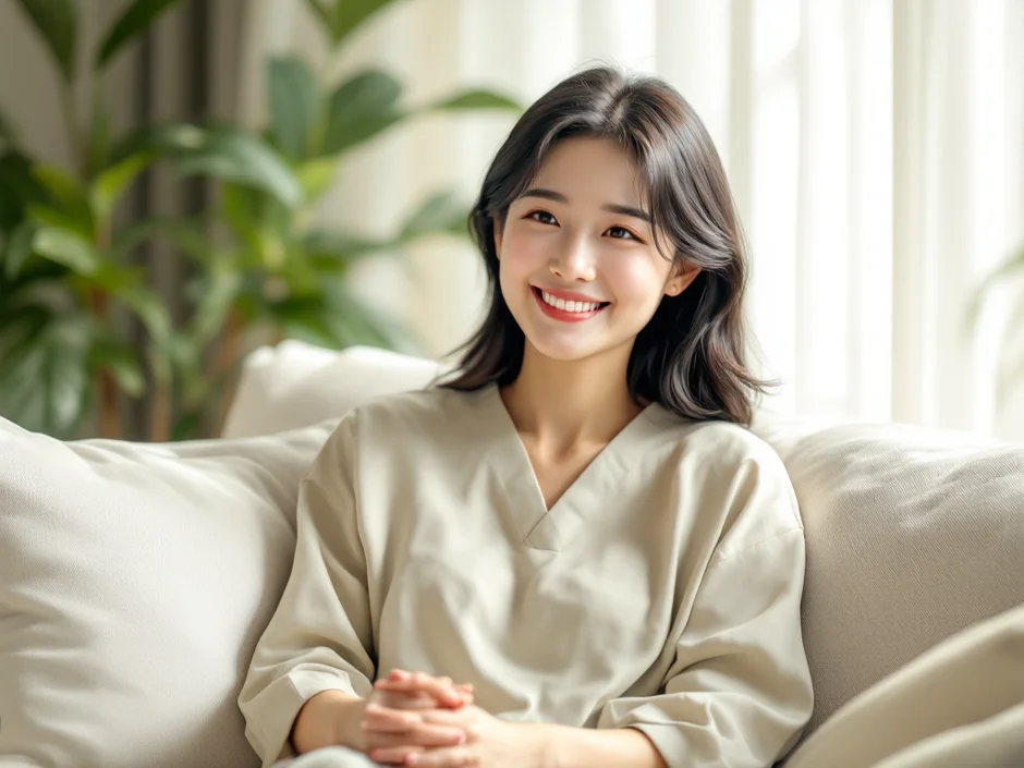 自宅のリビングで穏やかに微笑む元看護師をイメージした女性。妊婦のむくみを安心してケアするイメージ