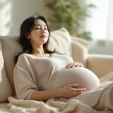 妊娠初期の女性が自宅のソファで横になって穏やかに休んでいるシーン｜妊娠のだるさ・倦怠感のイメージ