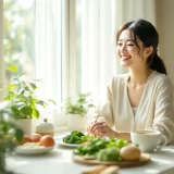 妊娠中の女性が緑の野菜を前に穏やかにほほえんでいるシーン｜妊娠初期の葉酸摂取のイメージ
