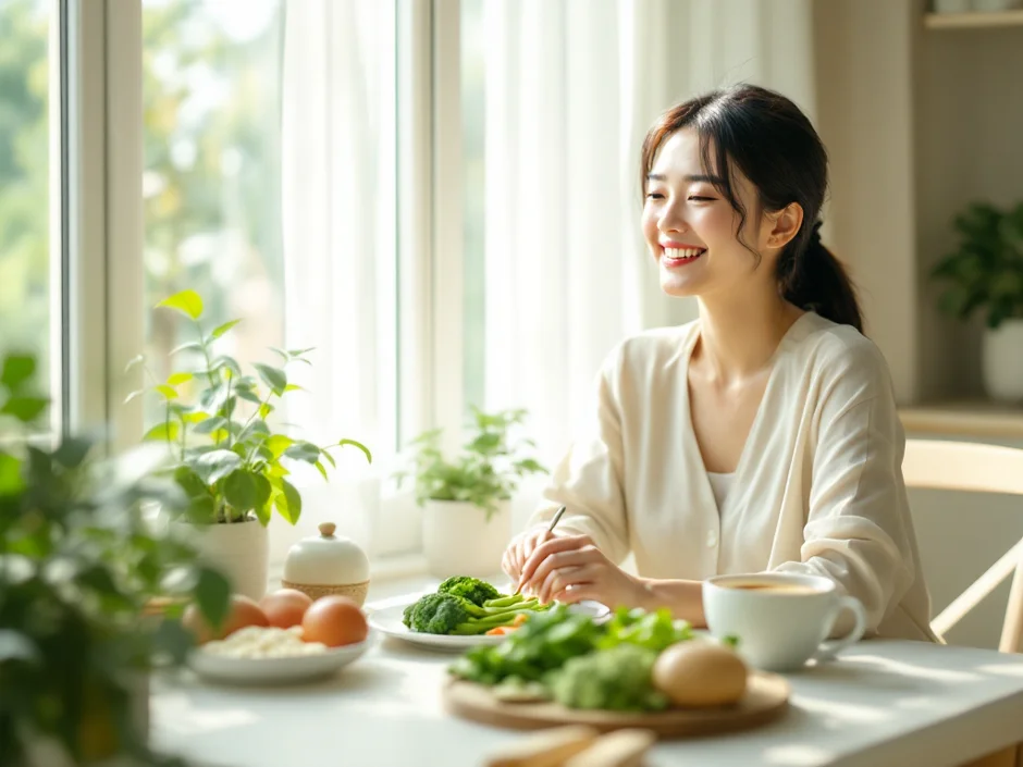 妊娠中の女性が緑の野菜を前に穏やかにほほえんでいるシーン｜妊娠初期の葉酸摂取のイメージ