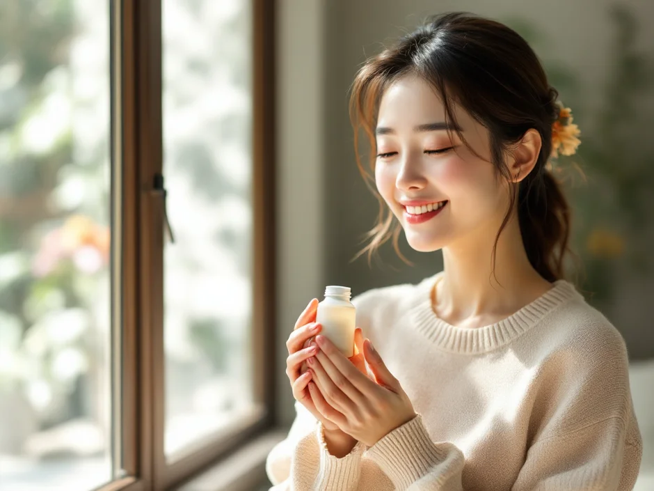 妊娠中の女性が葉酸サプリのボトルを手に穏やかにほほえんでいるシーン|妊娠中の葉酸サプリ継続のイメージ
